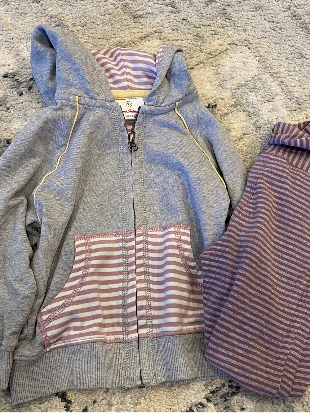 Hanna Andersson Grey Hoodie with Pink-White Striped Accents